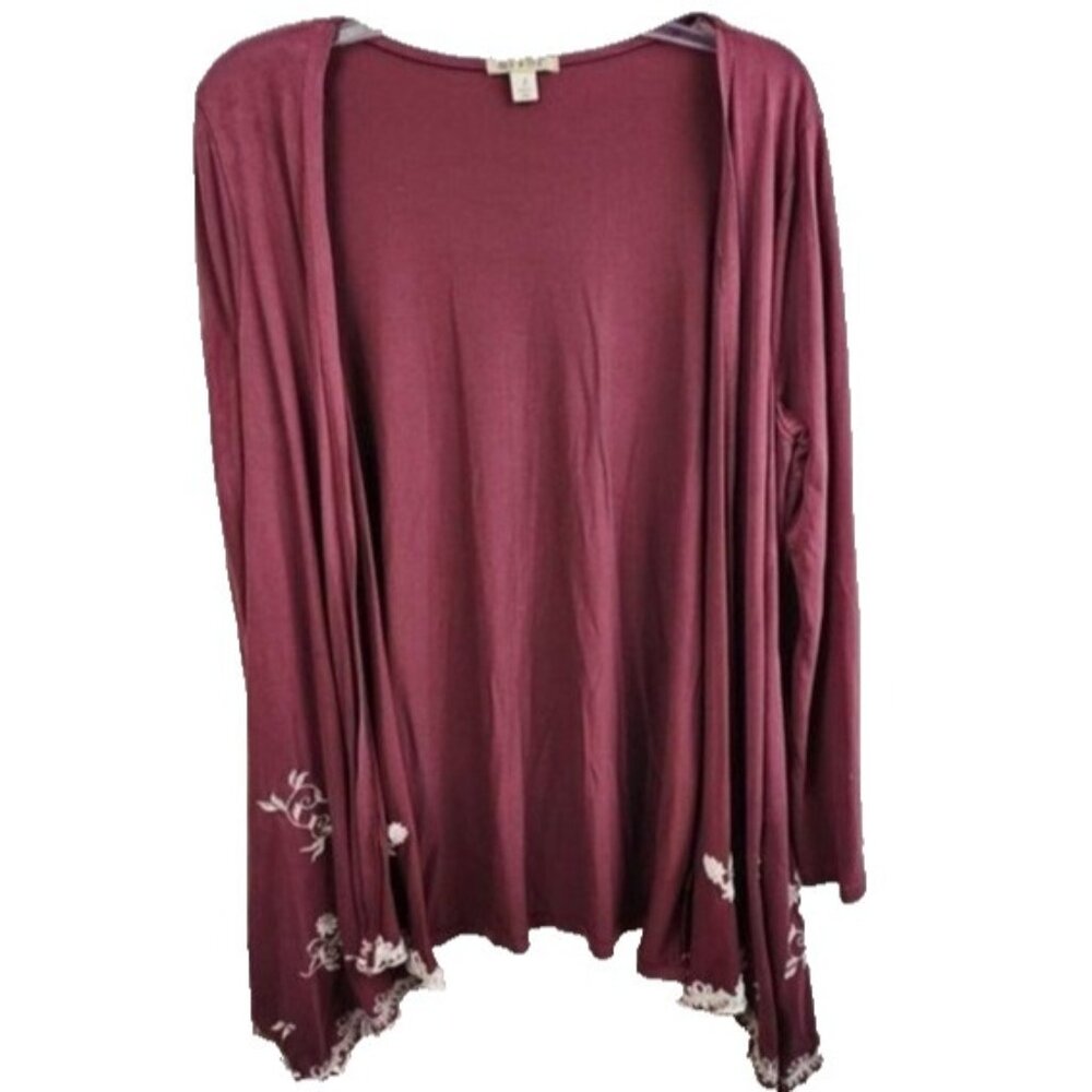Miami Womens Embroidered‎ BOHO Cardigan Small Burgundy Open Front Casual